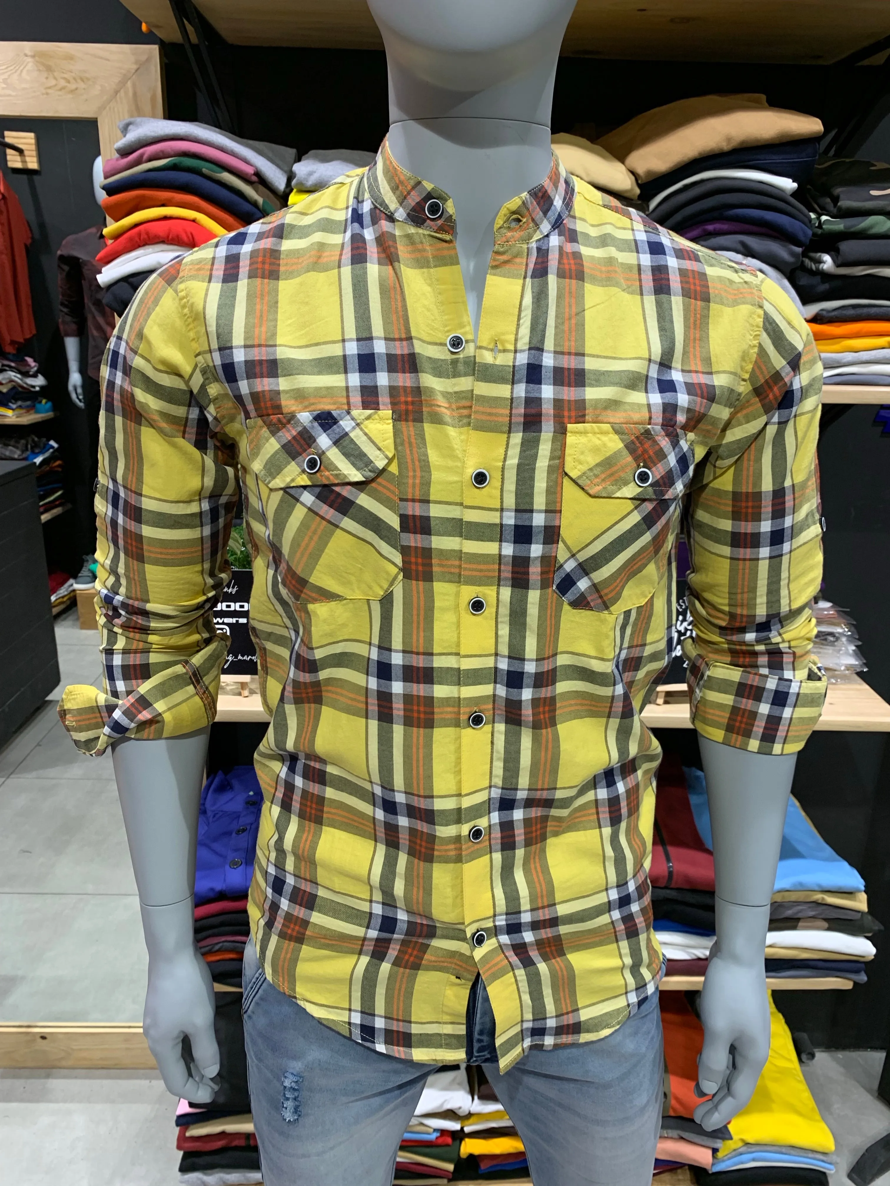 Yellow Chinese Collar Double Pocket Double Flap Checks Shirt